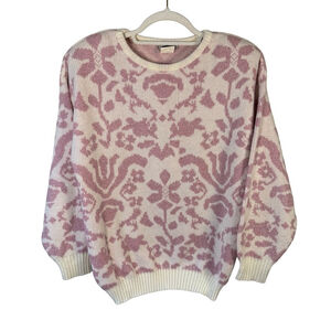Felicia Pink and Cream Floral Metallic Women's Sweater Size S Vintage 80s Knit
